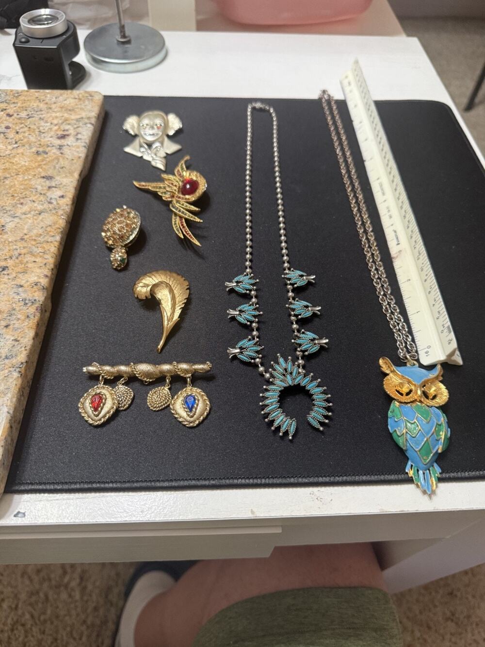 Vintage Costume Jewelry Estate Lot Squash Blossom Necklace 1970s Enamel Owl Pins